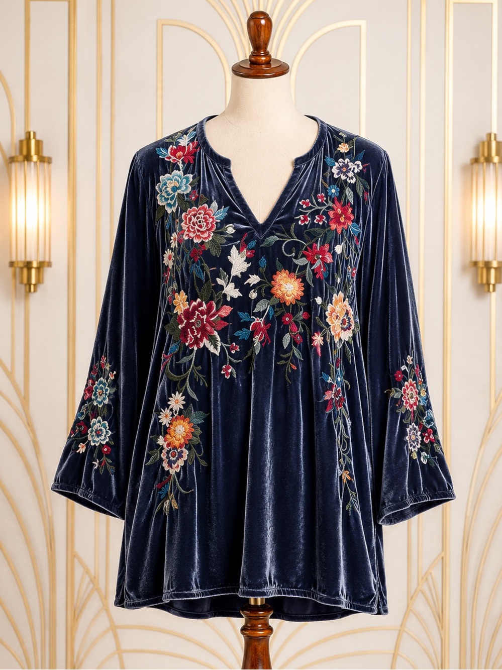 Johnny Was Pina heavily embroidered flutter sleeve velvet blouse NWT